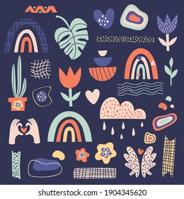 set  doodle style drawings of various shapes and objects. Abstract isolated modern trendy vector illustration on blue background