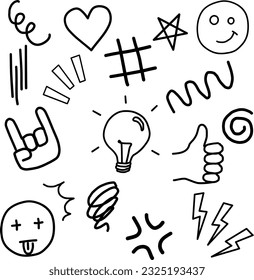 Set of doodle style emoticon hand drawn consistent with funny face, thumbs up, wavy line, heart element. Isolated in white background