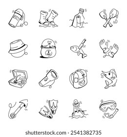 Set of Doodle Style Fishing Equipment Icons 

