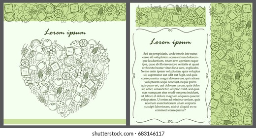 Set of doodle style of flat food and drink arranged of a heart frame on green background. Cards for design menu template. Concept of healthy food. Decorative elements for design:wedding,birthday,party