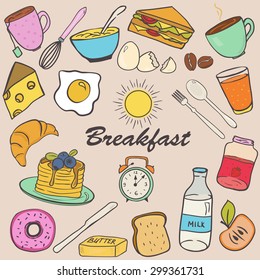 Set of doodle style food for breakfast in pastel color. 