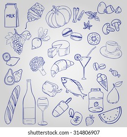 Set of doodle style food: vegetables, drinks, desserts, fruits.