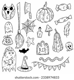 A set of doodle style Halloween illustrations - owl, broom, pumpkins, candy, ghost, Dracula, grave,witch hat, skull