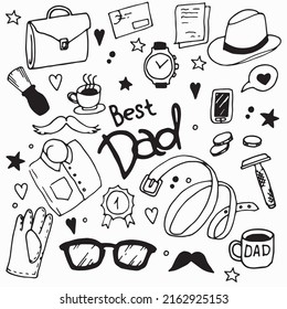 set in doodle style. holiday father's day. black and white elements, antistress coloring book. elements of men's things