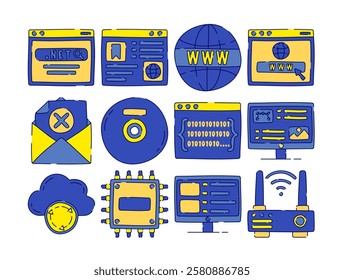 A set of doodle style IT icons featuring web browsers, coding, cloud storage, networking, cybersecurity, and hardware components. Ideal for digital, tech, and online-related designs.