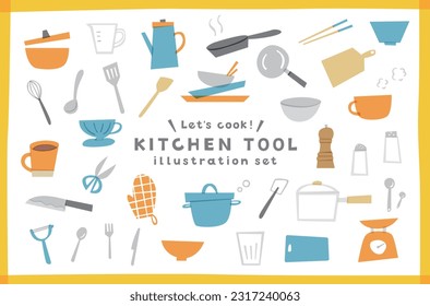 Set of doodle style illustration icons of kitchen tools.
There are pots, pans, dishes, cutlery and other kitchen utensils.
The design is cute and simple.