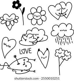 Satz von Illustrationen im Doodle-Stil, Blume, Herzen, Wolken in der Linienkunst