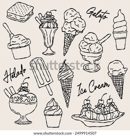 Set of doodle style illustrations of ice cream, simple food illustrations