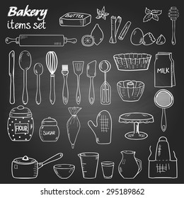 Set of doodle style kitchen utensil for baking on the blackboard