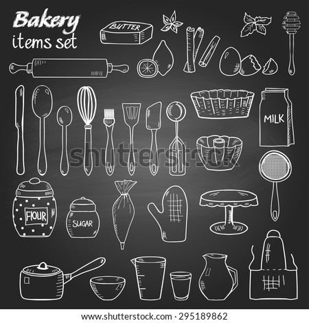 Set of doodle style kitchen utensil for baking on the blackboard