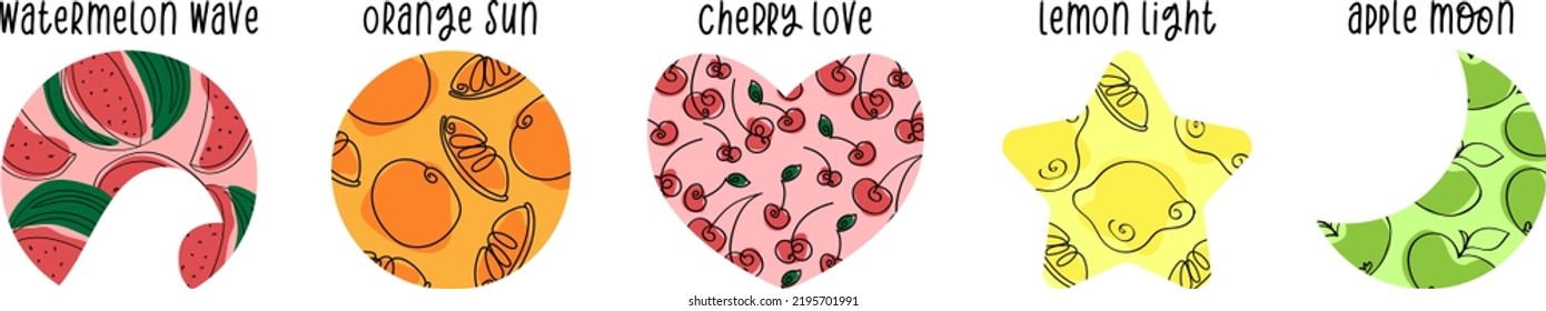 Set of doodle style labels with various fruits and lettering. Suitable for beverage and juice design
