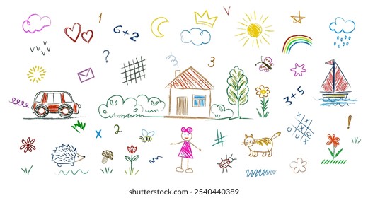 Set of doodle style, objects drawn by the child. Children's drawings with chalk or colored pencils on a chalkboard or asphalt. Girl, house, cat, hedgehog, sun, clouds, rainbow, plants, car, sailboat