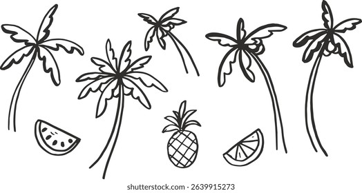 Set of doodle style palm trees and fruits in vector.