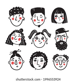 Set of doodle style people faces. Cartoon characters hand drawn vector illustration. 