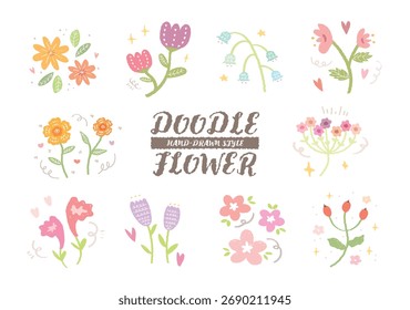 Conjunto de doodle estilo primavera flores vetor. Ramo floral de folha de flores silvestres desenhado à mão. Elemento de decoração da flor. Resumo coleção de padrões botânicos coloridos. Casamento vintage adesivo romântico jardim 