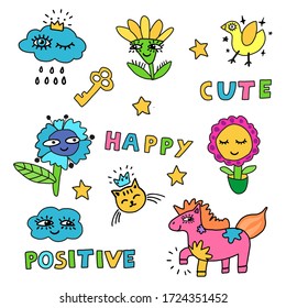 Set of doodle style stickers with smiling flowers, pink horse, blue cloud, cat and stars. For the design of postcards, posters, diary, children's books.