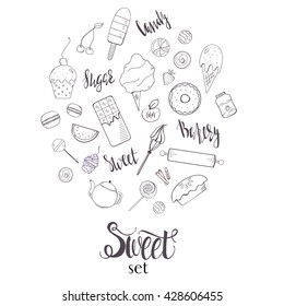 Set of doodle style sweets, candies, ice cream and other desserts.