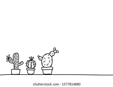 A set of doodle style of three pots of cactus in various shapes. It’s hand drawing isolated on white background. There’s a copy space for your text.