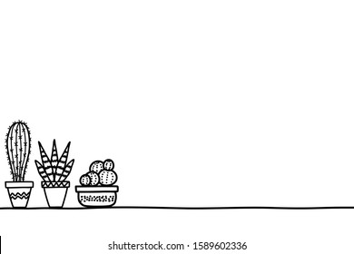 A set of doodle style of three pots of cactus in various shapes. It’s hand drawing isolated on white background. There’s a copy space for your text.