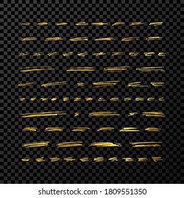 Conjunto de estilos de doodle con varios bordes de marcadores y trazos. Elementos de diseño dibujados a mano dorada sobre fondo transparente oscuro. Ilustración del vector