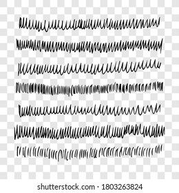 Set of doodle style various wavy lines and strokes. Black hand drawn design elements on transparent background. Vector illustration
