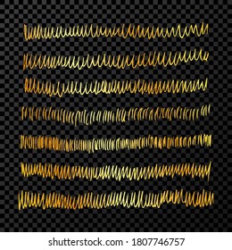 Set of doodle style various wavy lines and strokes. Gold hand drawn design elements on dark transparent background. Vector illustration
