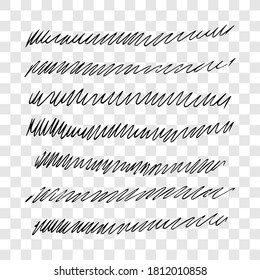 Set of doodle style various wavy lines and strokes. Black hand drawn design elements on transparent background. Vector illustration