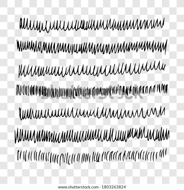 Set of doodle style various wavy lines and\
strokes. Black hand drawn design elements on transparent\
background. Vector\
illustration\
