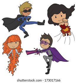 set of doodle style vector action heroes