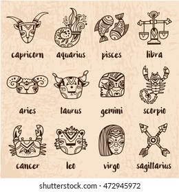 Conjunto de signos de zodiaco de estilo doodle. Gracioso Horóscopo. Ilustración del vector