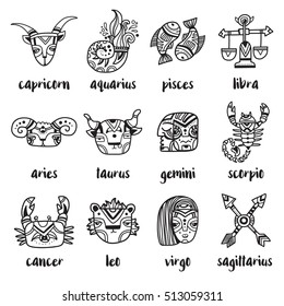 Set of doodle style zodiac signs. Funny Horoscope. Vector illustration