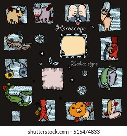 Set of doodle style zodiac signs. Funny Horoscope. Hand drawing ink sketches. Vector illustration. 