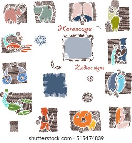 Set of doodle style zodiac signs. Funny Horoscope. Hand drawing ink sketches. Vector illustration with silhouettes. 