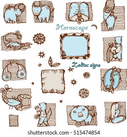 Set of doodle style zodiac signs. Funny Horoscope. Hand drawing ink sketches. Vector illustration. 