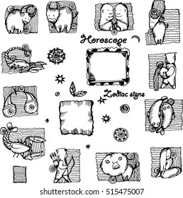 Set of doodle style zodiac signs. Funny Horoscope. Hand drawing ink sketches. Vector illustration. 