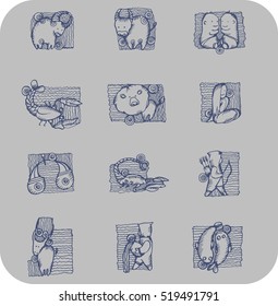 Set of doodle style zodiac signs. Funny Horoscope. Vector hand drawing  illustration of sketch style. Zodiacs logo.
