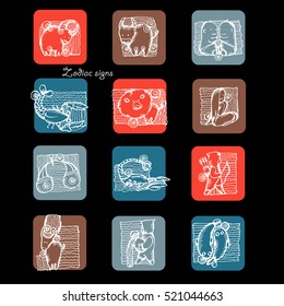 Set of doodle style zodiac signs. Funny Horoscope. Vector hand drawing illustration of sketch style. Zodiacs logo. 