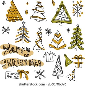Set with doodle, stylized Christmas trees. Vector illustration on white background. Isolated hand drawn elements.