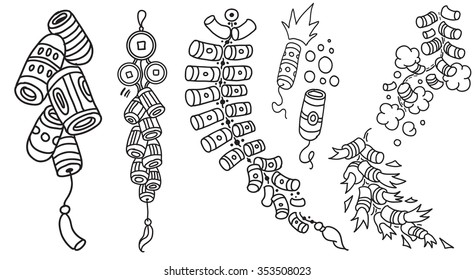 Set with doodle stylized firecrackers. Black outline on the white background. EPS10 Vector.