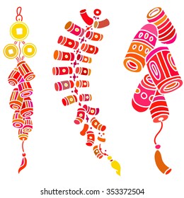 Set with doodle stylized firecrackers. Colorful silhouette on the white background. EPS10 Vector.