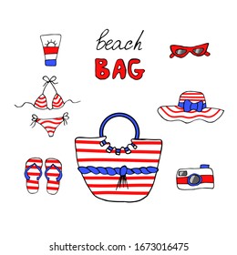 Set of doodle summer clothes and accessories: swimsuit, eyeglasses, beach bag, hat, flipflops. Hand drawn vector illustration with text beach bag