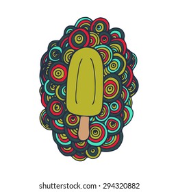 Set of doodle summer elements -  ice-cream, surfboard and summer lettering. Hand drawn.