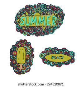 Set of doodle summer elements -  ice-cream, surfboard and summer lettering. Hand drawn.