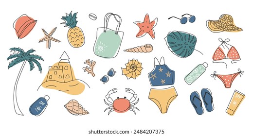 Set von Doodle Summer Feiertage Elemente. Handgezeichnetes abstraktes Strand-Zubehör-Set. Nette Meer Urlaub Illustration. Bikini, Muschel, Ananas-Palmkrabbe Sonnencreme Flipflop