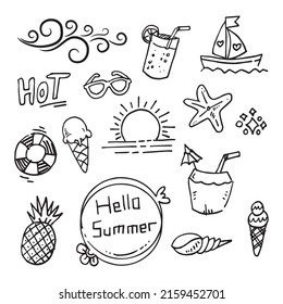 Set doodle summer,  ice cream, sand bucket, pineapple, juice, shells, sun, clouds, boat, wind and many more.