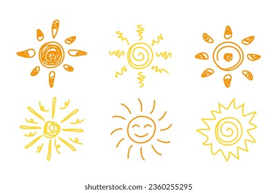 Set of doodle sun concept. Orange and yellow geometric shapes pack. Forecast weather and climate. Template, layout and mock up. Cartoon flat vector collection isolated on white background