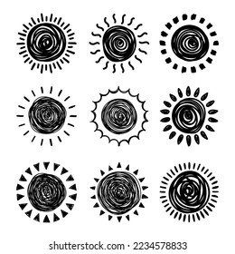 Set of doodle suns sketch, hand drawn style