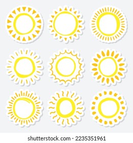 Set of doodle suns sketch, hand drawn style