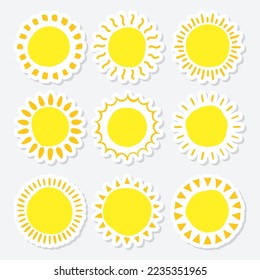 Set of doodle suns sketch, hand drawn style