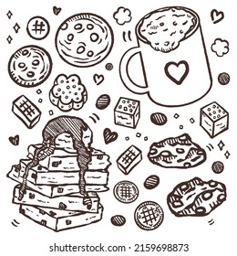 Set of doodle sweet food vector illustration on white background. Hand drawn sketch with desserts, cookie, coffee, ice cream for bakery shop or cafeteria